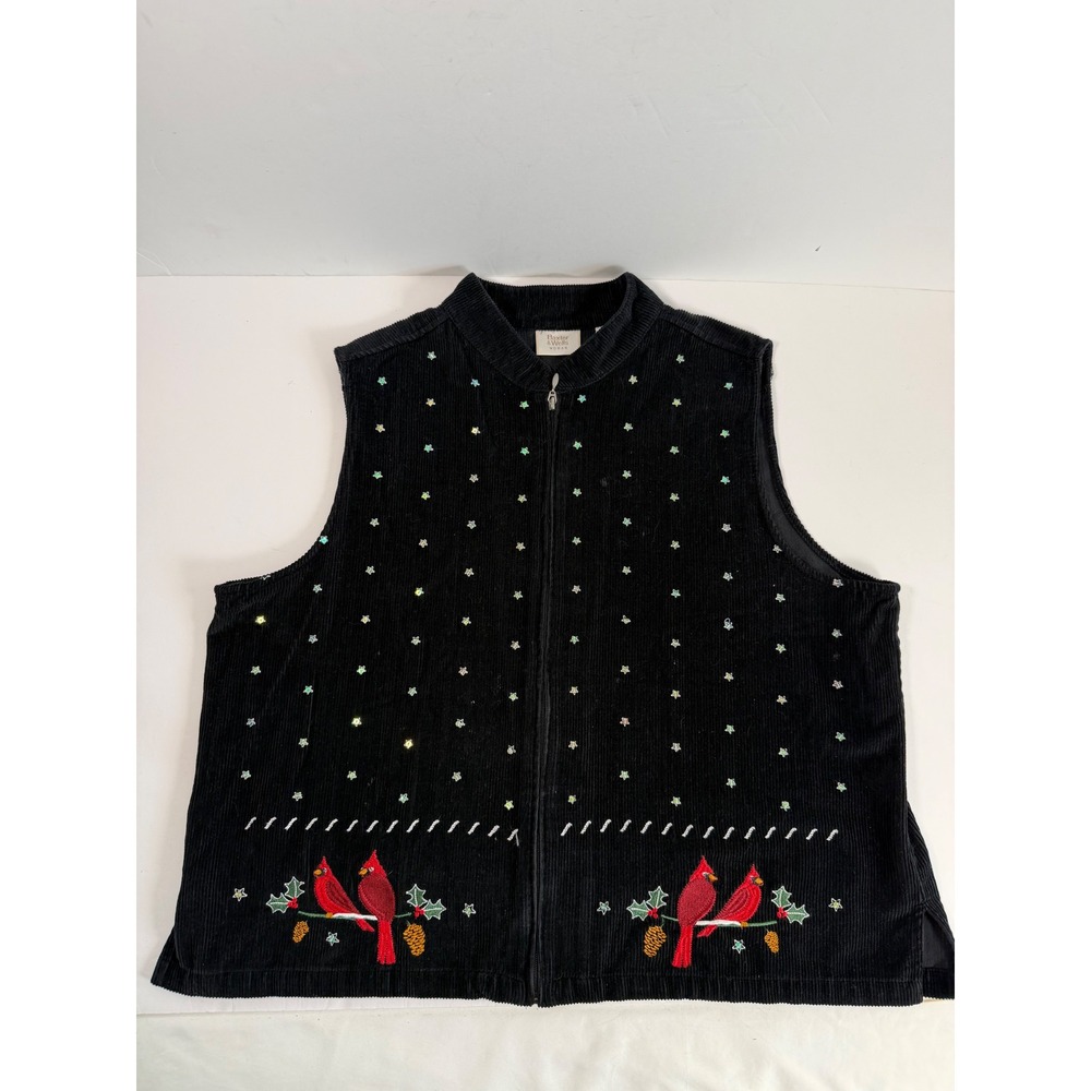 Corduroy Black Vest 2X Plus Cardinal Birds Christmas Holiday Zip Front Winter